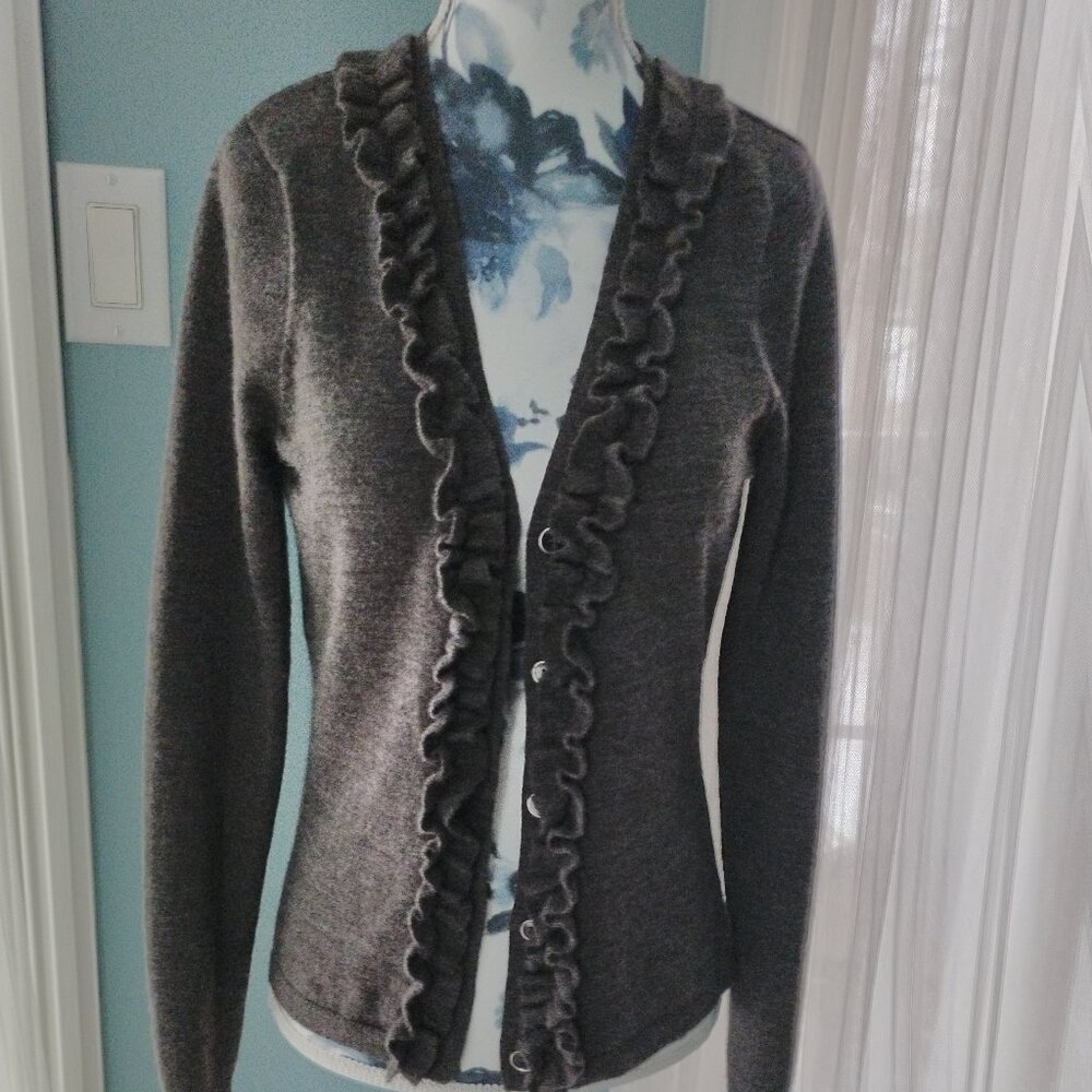 Kenar Grey Italian Merino Wool Cardigan with Ruffles, size SP